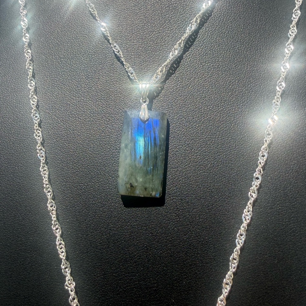 925 Silver Blue Labradorite Double Layer Rectangle Pendant Necklace - Picture 4 of 6